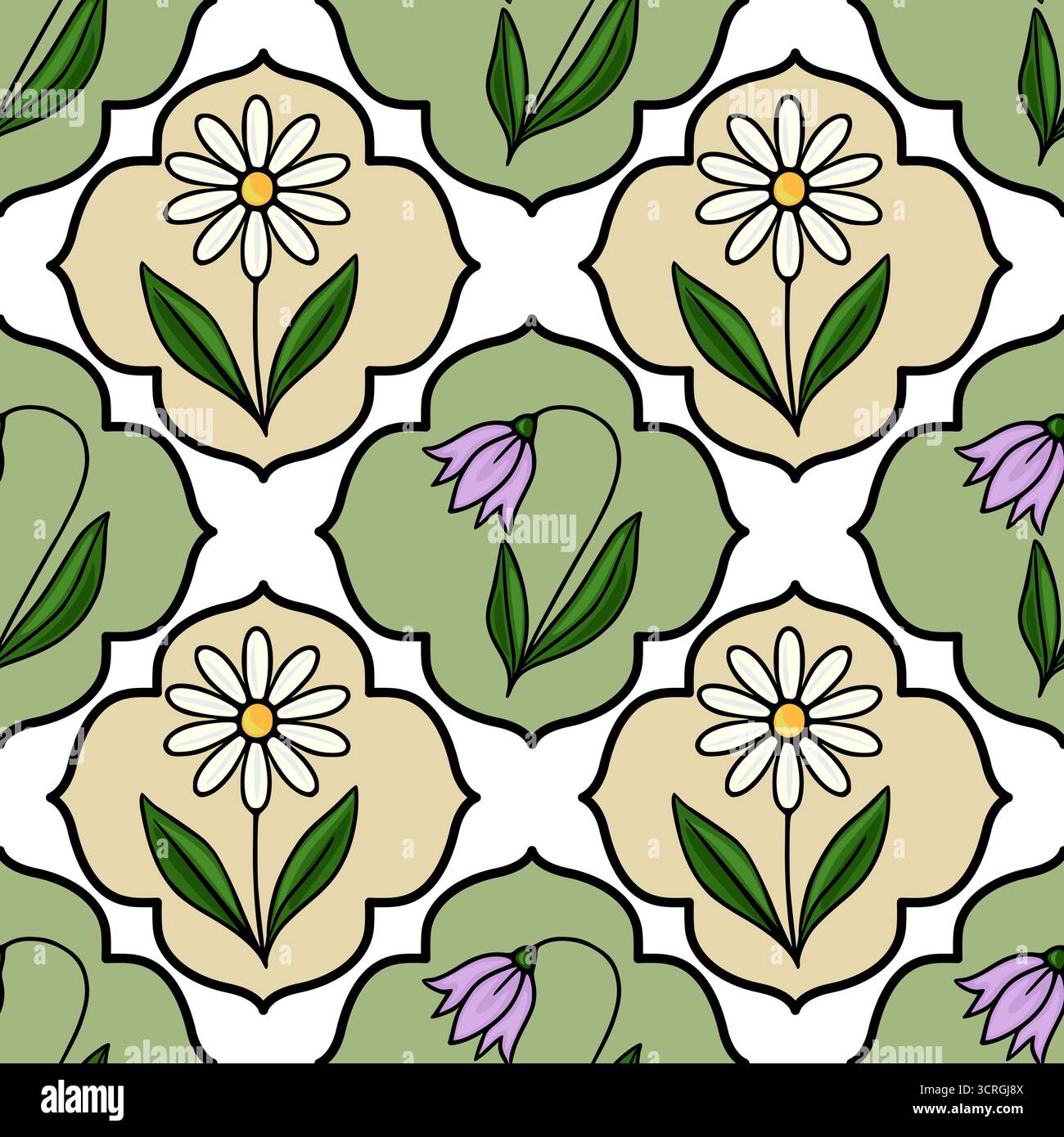 Nahtloses Vektormuster von zarten Gänseblümchen und Glockenblumen mit grünen Blättern auf einem Vierfach-Folienhintergrund. Stock Vektor