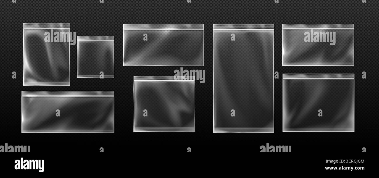 Beutel mit Reißverschluss und transparenten Kunststofftaschen und Verschlussstreifen zur Aufbewahrung. Wiederverschließbare Behälter in verschiedenen Größen für Lebensmittel oder kleine Gegenstände. Leere Verpackungsmodelle mit luftdichtem Verschlusssystem. Stock Vektor