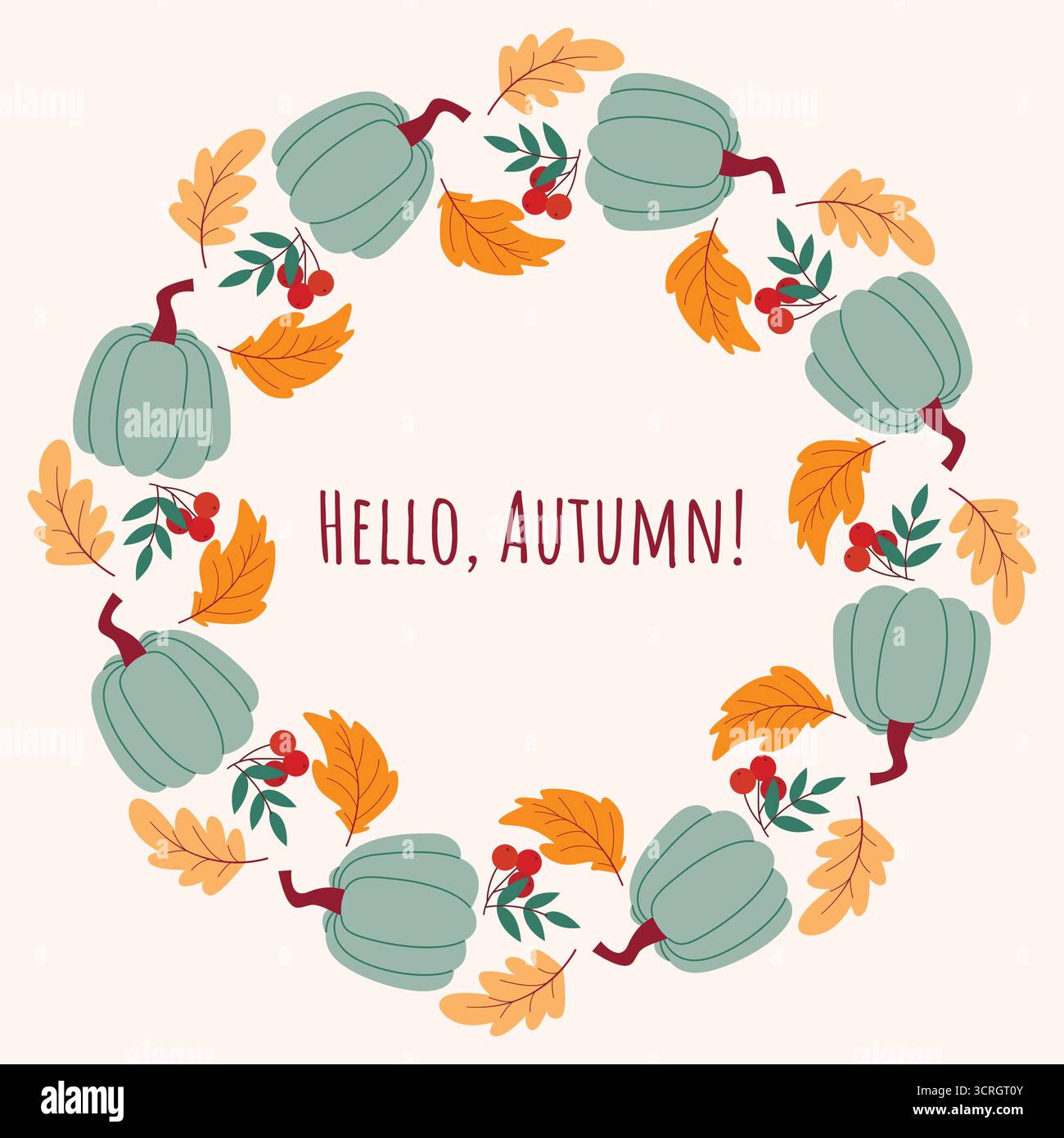 Hallo Herbst. Sturzkranz aus Kürbissen, Blättern und Beeren. Farbenfroher runder natürlicher Rahmen mit Grußtext. Vektorgrafiken. Stock Vektor