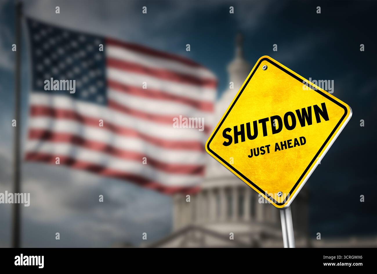 Abschaltung der US-Regierung direkt vor dem Warnschild Stockfoto