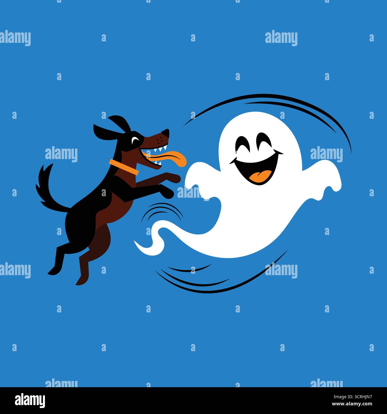 Glücklicher Hund und verspielter Geist, der Spaß zusammen auf blauer Hintergrund Vektor-Illustration hat Stock Vektor