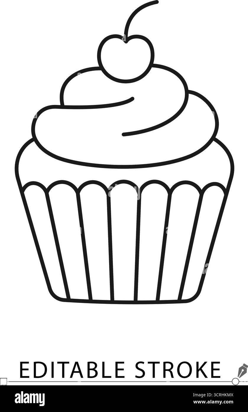 Eine süße Cupcake-Ikone im minimalistischen Linienstil mit bearbeitbarem Kontur. Bäckerei Dessert, Geburtstagsessen, leckeres Gebäck, Zuckerwaren Stock Vektor
