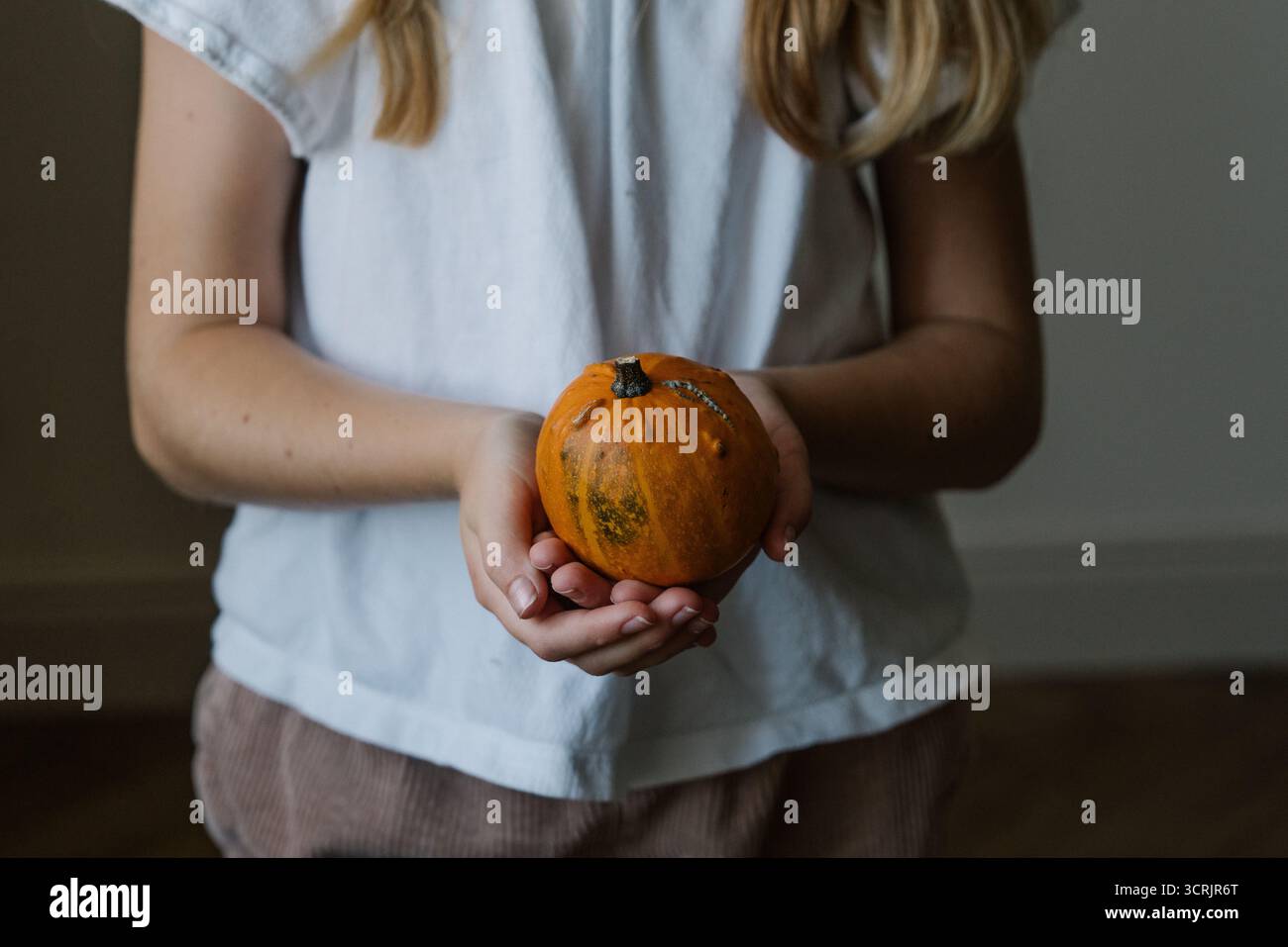 Nahaufnahme der Hände eines Mädchens mit einem dekorativen weißen Kürbis Stockfoto