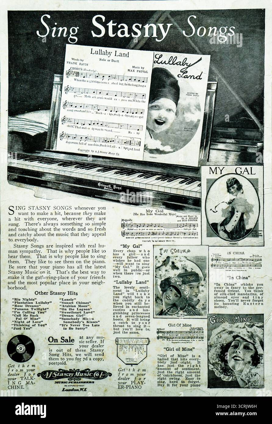 Vintage-Werbung für A.J. Stasny Music Co., London, Anfang des 20. Jahrhunderts, Werbung für Sing Stasny Songs. Beispiele sind Lullaby Land mit Worten von Frank Davis und Musik von Max Prival, My Gal von Gus Edwards und Bob Coogan in China und Girl of Mine. Das Design zeigt Klaviernoten und Cover, was die Popularität von Stasny-Hits in Salons und Häusern unterstreicht. Sie spiegelt die kommerzielle Notenkultur der Epoche und das Wachstum des internationalen Musikverlags wider. Stockfoto