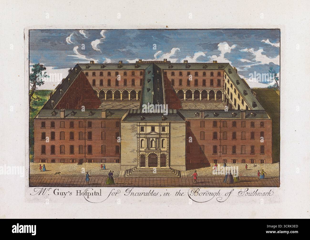 Handkolorierter Gravur des Mr Guys Hospital für unheilbare Menschen im Stadtteil Southwark, London von unbekannten Kunstwerken Vintage Archivdruck historische Perspektive 18. Jahrhundert Architektur Stockfoto