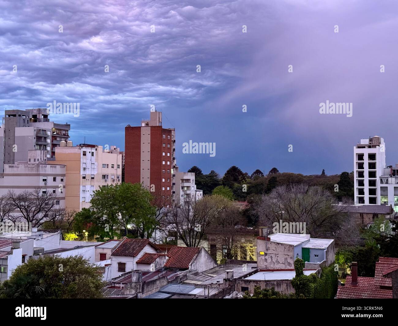 Eine Stadtlandschaft mit mittelhohen Apartmentgebäuden und Häusern mit Dachterrassen und grünen Bäumen im Vordergrund unter dramatischem Blau und Lila - Smartphone-aufgenommenes Stockfoto