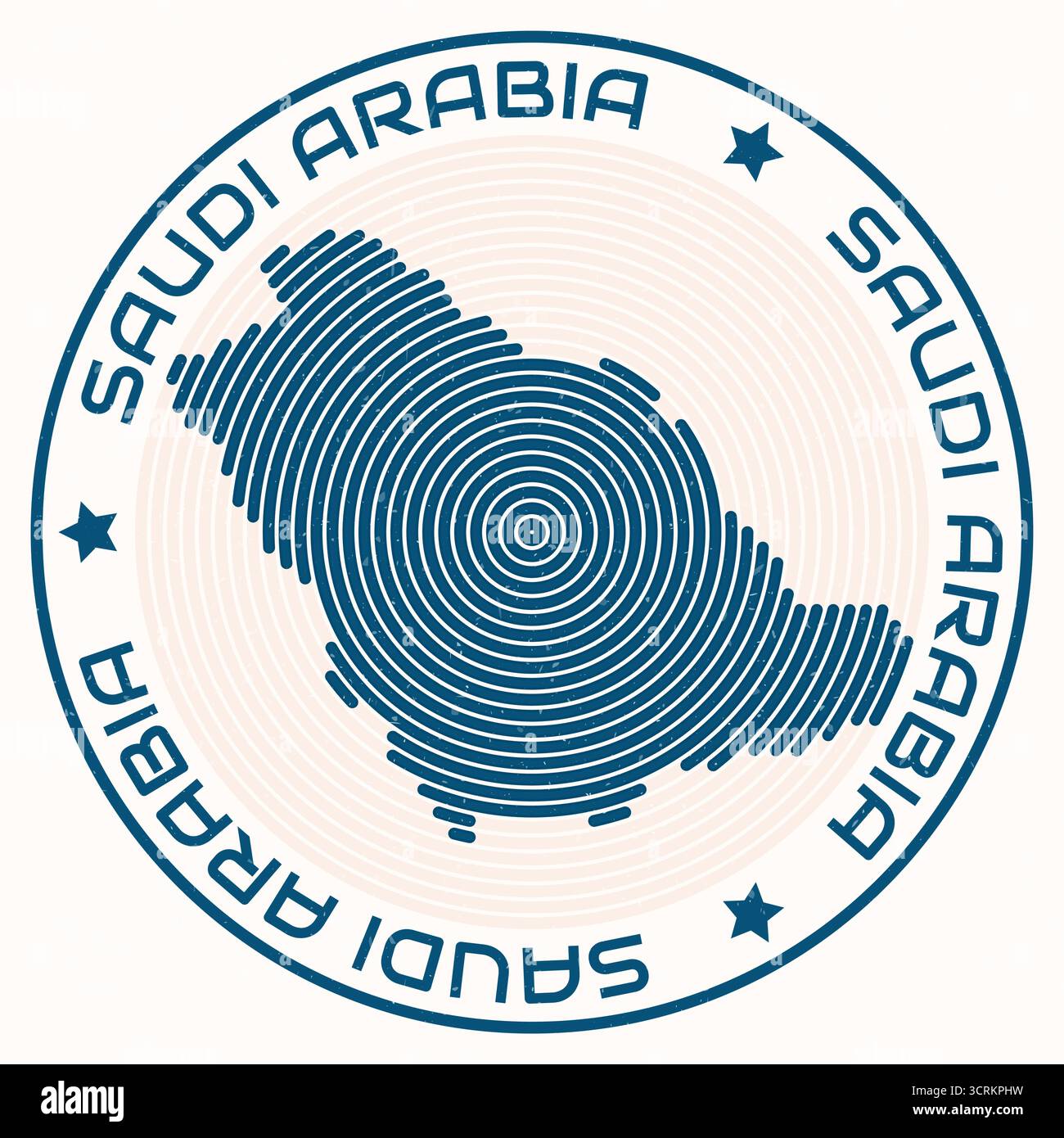Saudi-Arabien-Karte mit rundem Titel. Ländliche Ringe. Text in Saudi-Arabien um die Landesgrenze herum. Kreative Vektorillustration. Stock Vektor