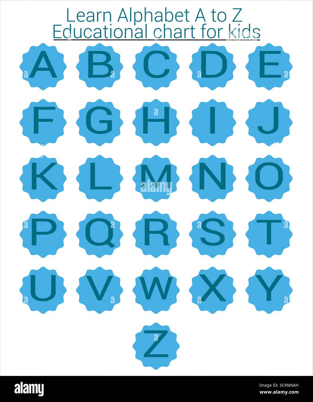 Lerne Alphabet A bis Z – Blauer pädagogischer Kartenvektor für Kinder. Ideal für Poster, Karteikarten, Arbeitsblätter, Wandbilder und Lehrmaterial Stock Vektor