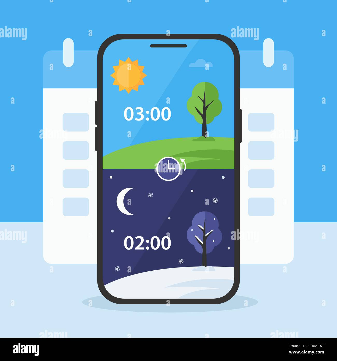 Vektorabbildung eines Smartphone-Bildschirms, der den Übergang zwischen Sommer- und Winterzeit mit Tag- und Nachtszenen zeigt, die Tageslicht symbolisieren Stock Vektor