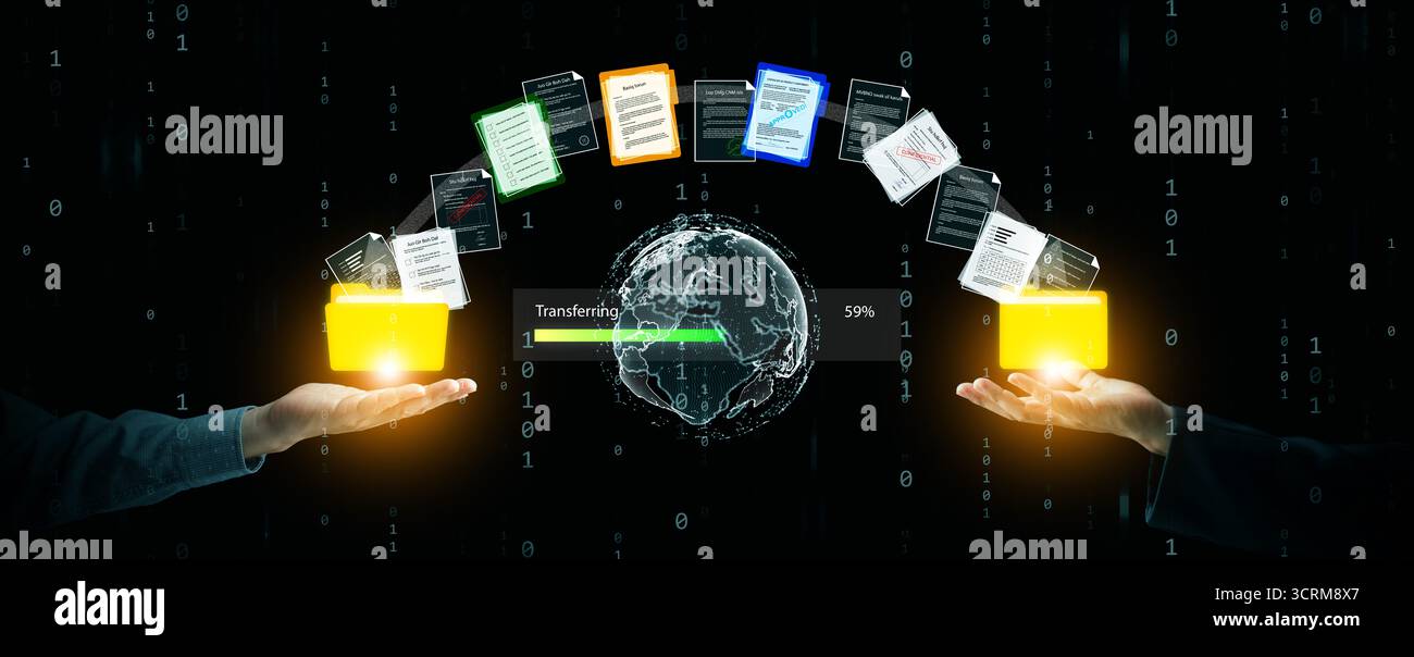 Futuristischer Datentransfer über den Globus hinweg, der Cloud Computing, Geschäftskommunikation, sichere digitale Verbindungen und weltweite Informationsverbreitung repräsentiert Stockfoto