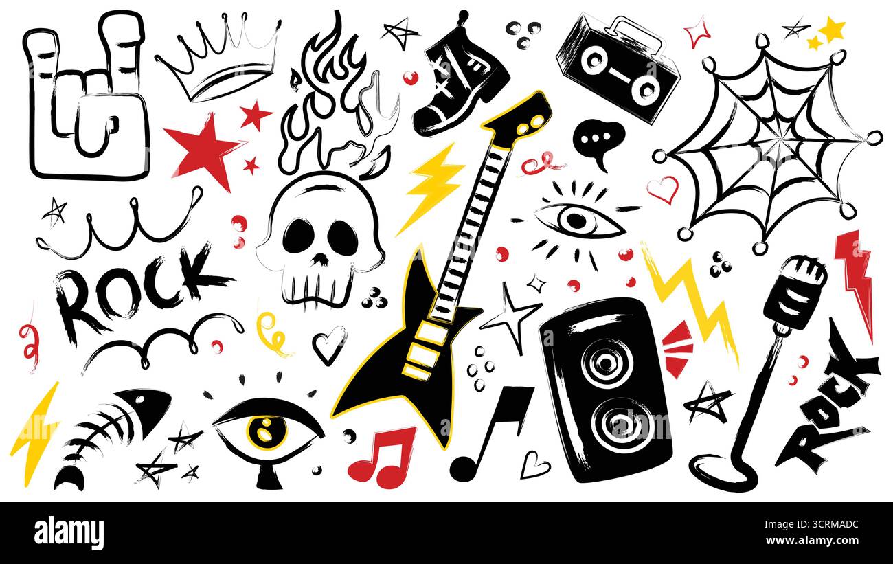 Handgezeichnetes Punkrock-Doodle-Set mit Schädel und Gitarre, Flammen und Spinnennetz für rebellische Kunst. Schwarze Skizzen mit Krone und Augen, Blitze. Musik-Subkulturgrafiken für Bandartikel Stock Vektor