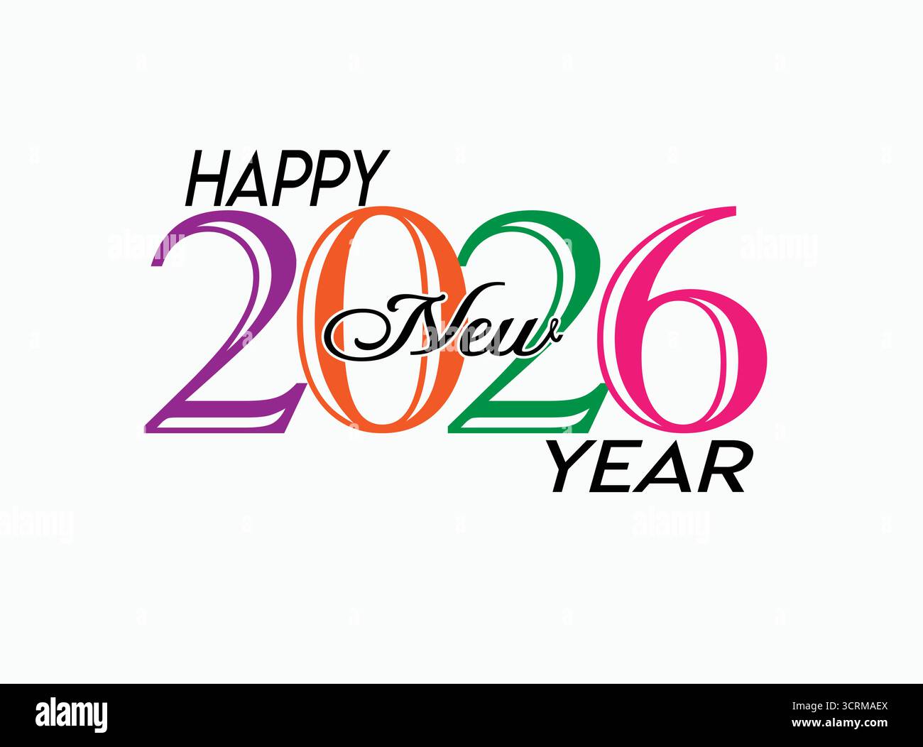 Happy New Year 2026 Typografie – bunte moderne Grußkarte, stilvolles 2026 Feiertags-Text-Design, festlicher Feiertagshintergrund für Neujahrswünsche Stock Vektor