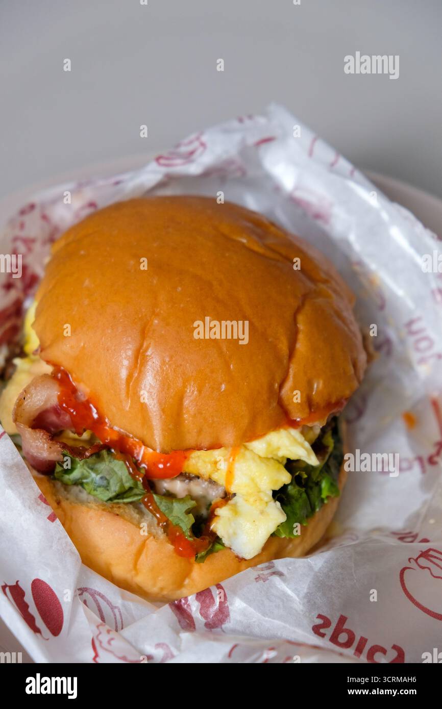 Nahaufnahme eines köstlichen Burgers, bedeckt mit einer Papierfolie Stockfoto