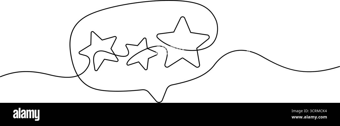 Eine Zeilenzeichnung für das Benutzererlebnis von Teststernen kontinuierlich. Drei Sterne Zufriedenheitsranking populäre Stimme handgezeichnete Minimalismus dekorative Kunstkopien Stock Vektor