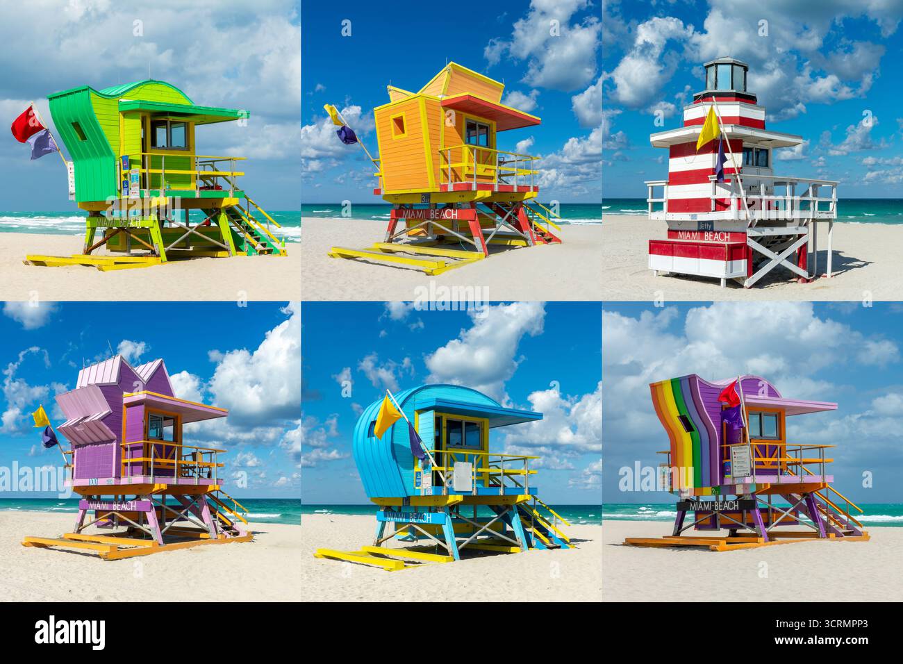 Sammlung von farbenfrohen Rettungshütten in South Beach, Miami Beach, Florida Stockfoto