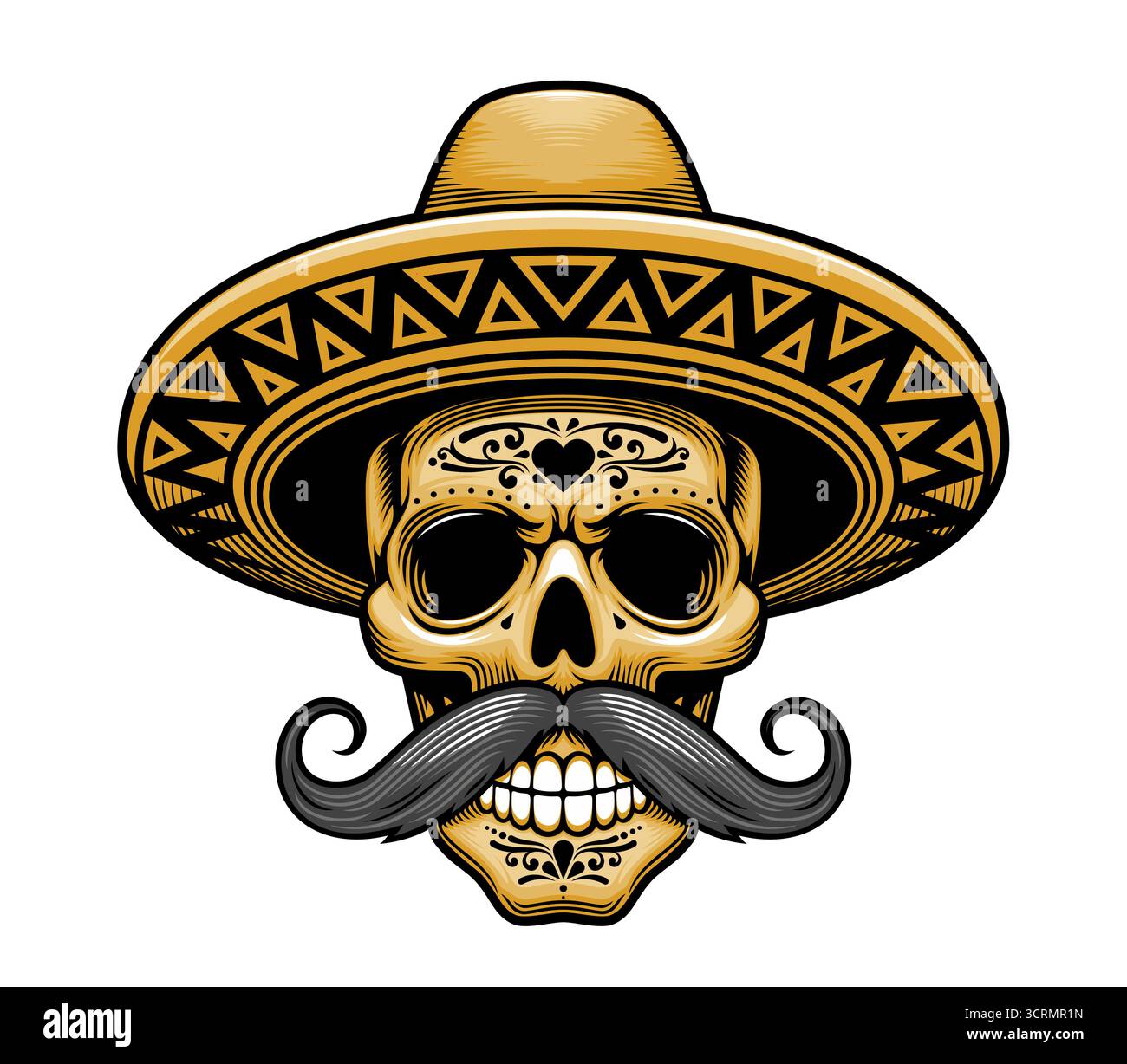 Schädel in mexikanischem Sombrero-Hut mit Schnurrbart Stock Vektor