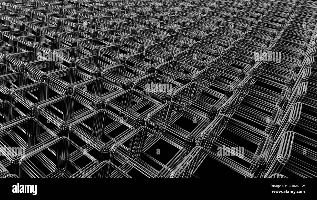 Geometrische Muster grauer Linien bilden eine rasterartige Struktur in futuristischer Umgebung bei Nacht Stockfoto