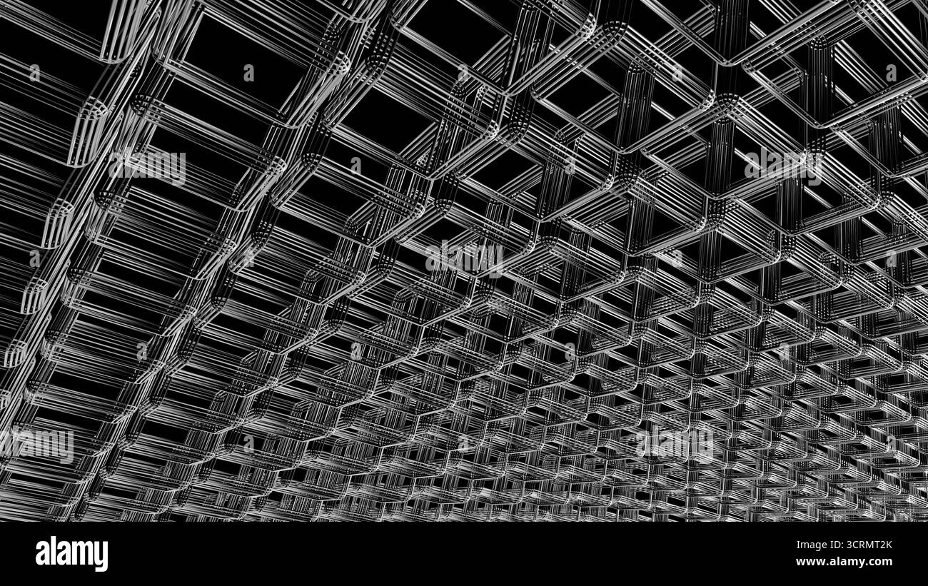 Geometrische Muster grauer Linien bilden eine rasterartige Struktur in futuristischer Umgebung bei Nacht Stockfoto