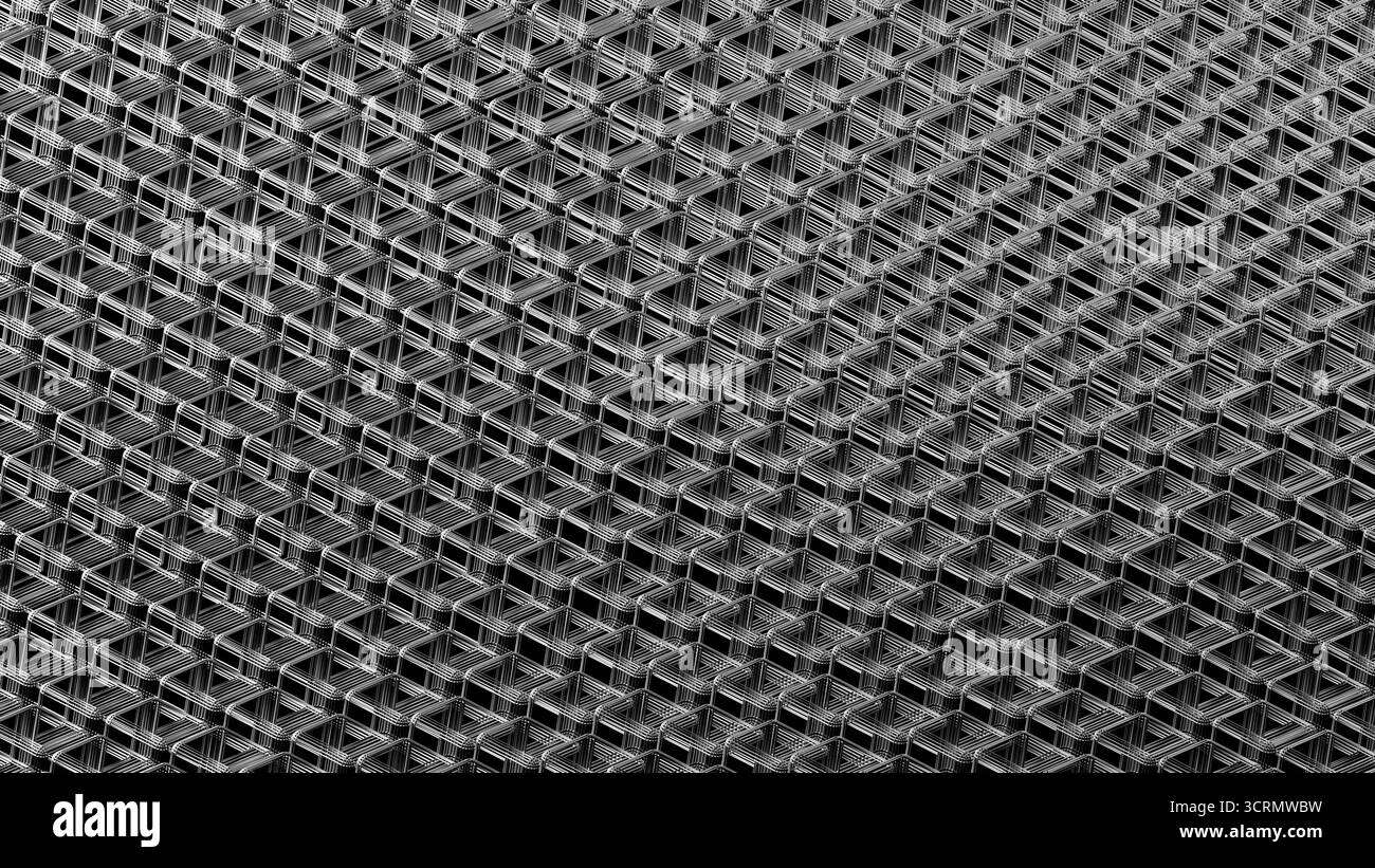 Geometrische Muster grauer Linien bilden eine rasterartige Struktur in futuristischer Umgebung bei Nacht Stockfoto