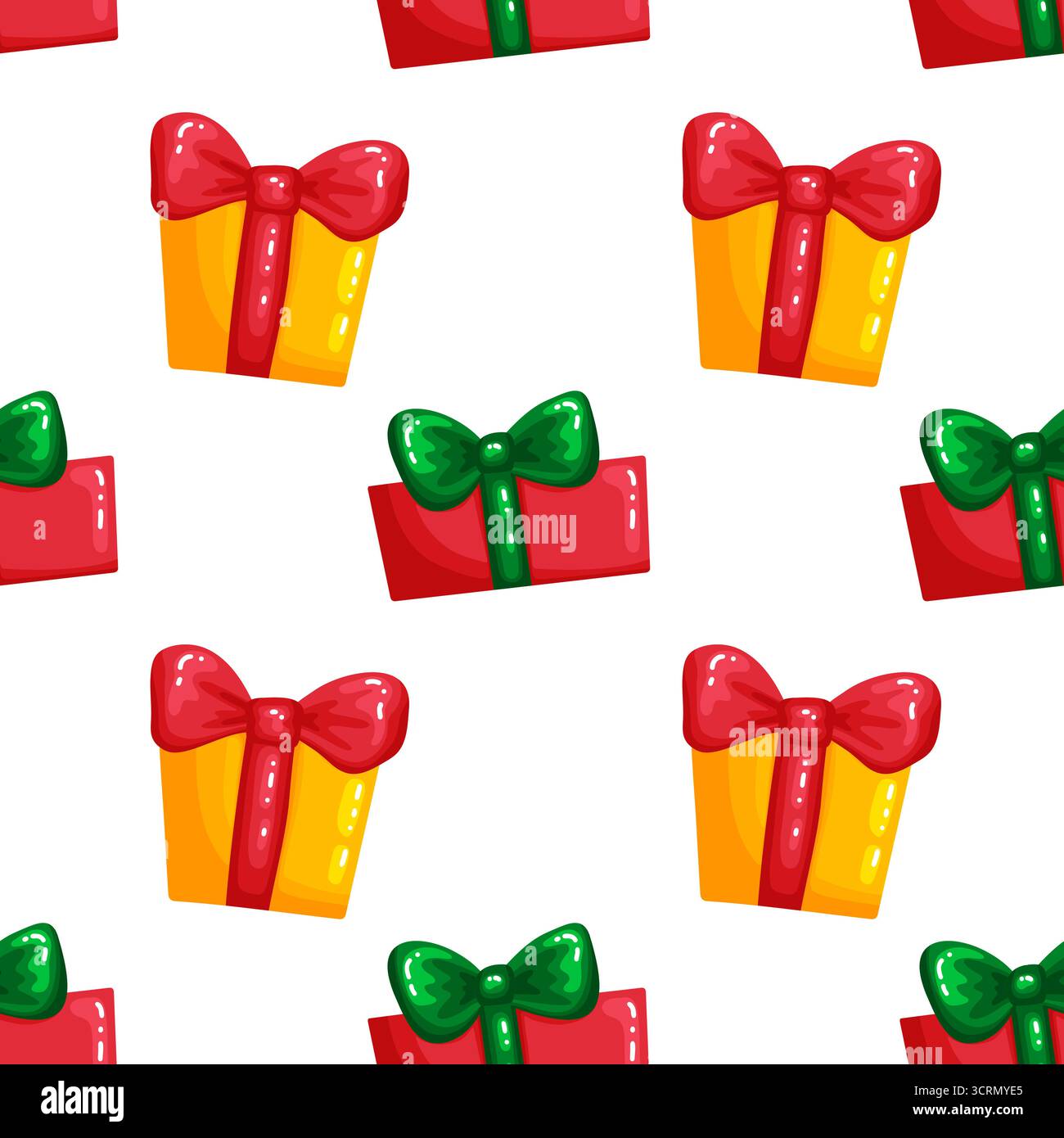 Nahtloses Vektor-Muster mit bunten Weihnachtsgeschenkboxen in rotem und gelbem Papier mit grünen und roten Schleifen gewickelt. Perfekt zum Einwickeln von Papier und Textil Stock Vektor