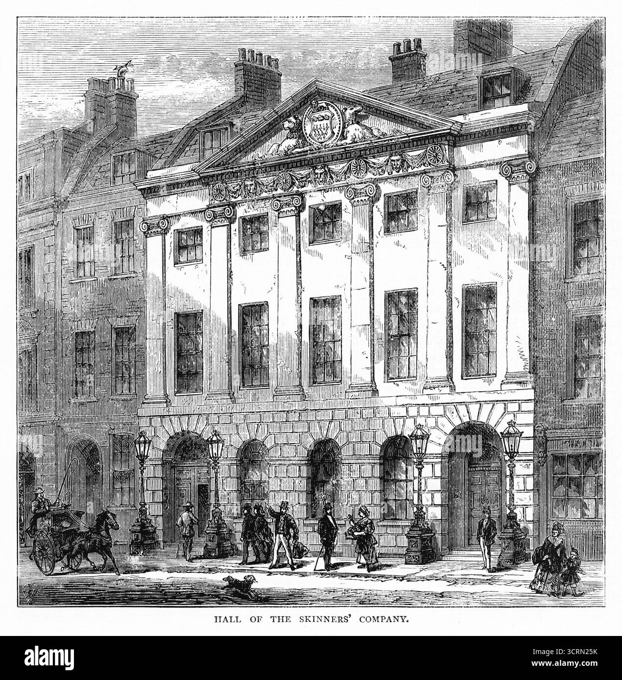 Ein Stich aus dem 19. Jahrhundert an der Außenseite der Halle der Skinners Company, London Stockfoto