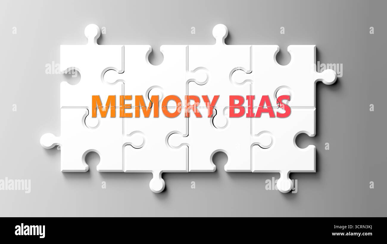 Memory Bias als komplexes Thema, bezogen auf wichtige Themen, die sich als Wortwolke verbreiten. Stockfoto