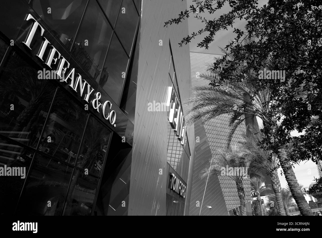 Außenansicht des luxuriösen Juweliergeschäfts von Tiffany & Co. In den Geschäften von Crystals, CityCenter, Las Vegas Strip, Nevada, USA. Stockfoto