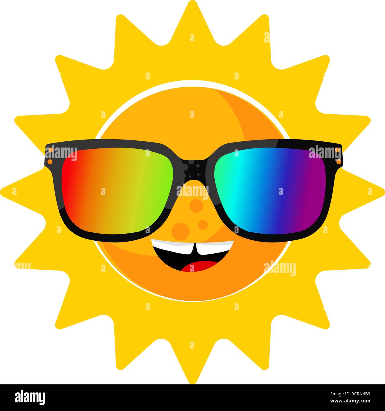 Lustige Sommersonne mit Sonnenbrille Zeichentrickfigur Stock Vektor
