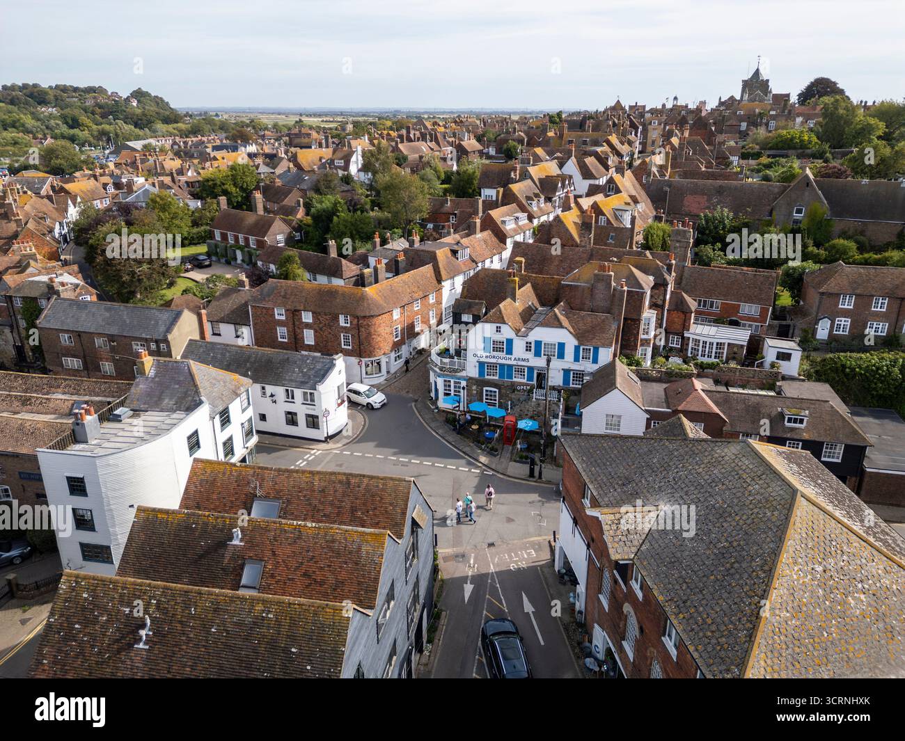 Luftaufnahme der Altstadt von Rye in East Sussex mit historischen Straßen, England Stockfoto