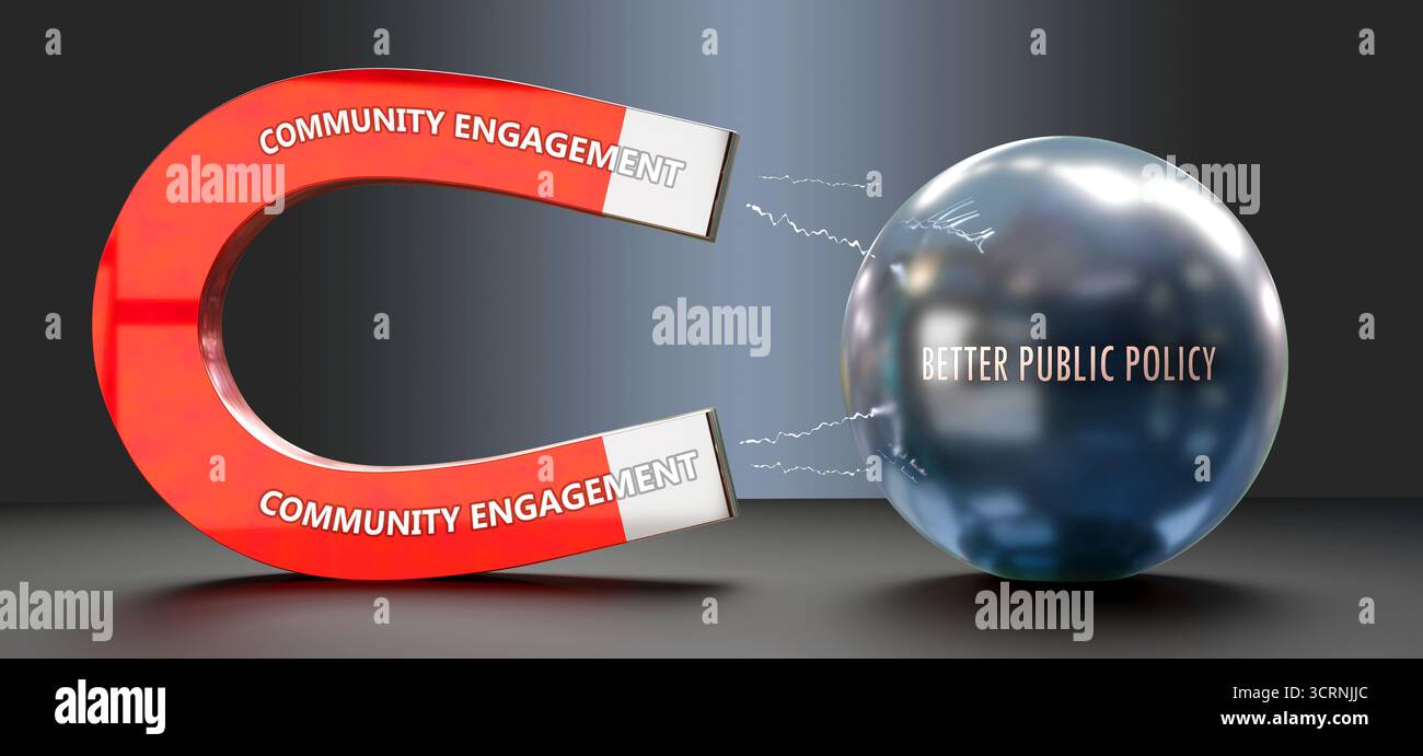 Engagement in der Gemeinschaft, das eine bessere öffentliche Politik anzieht. Die Kraft des Engagements in der Community Stockfoto