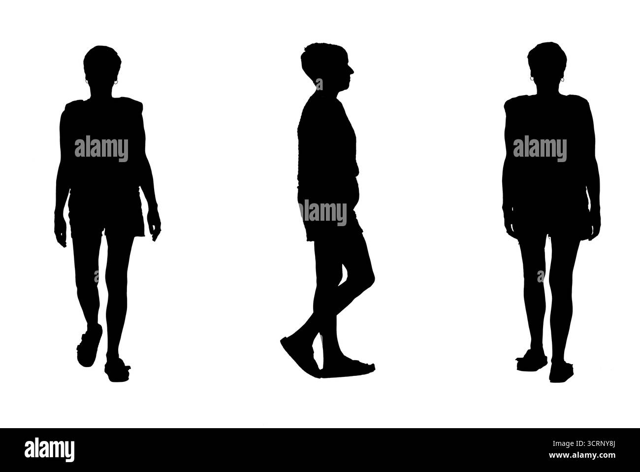 Silhouette von vorne, Seite und Rückseite, dieselbe Frau, die in Sommerkleidung unterwegs war Stockfoto