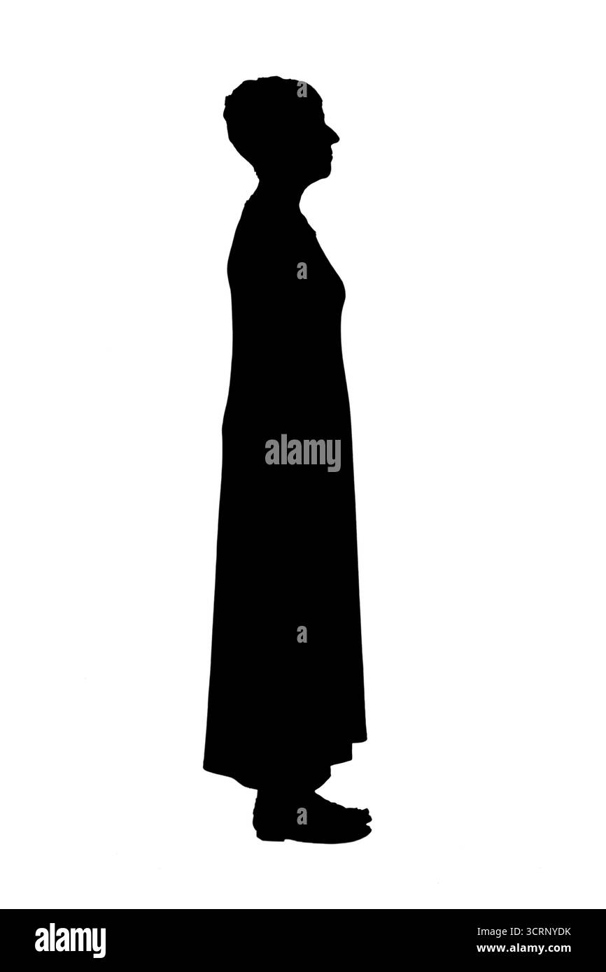 Silhouette der Seitenansicht einer Frau mittleren Alters auf weißem Hintergrund Stockfoto