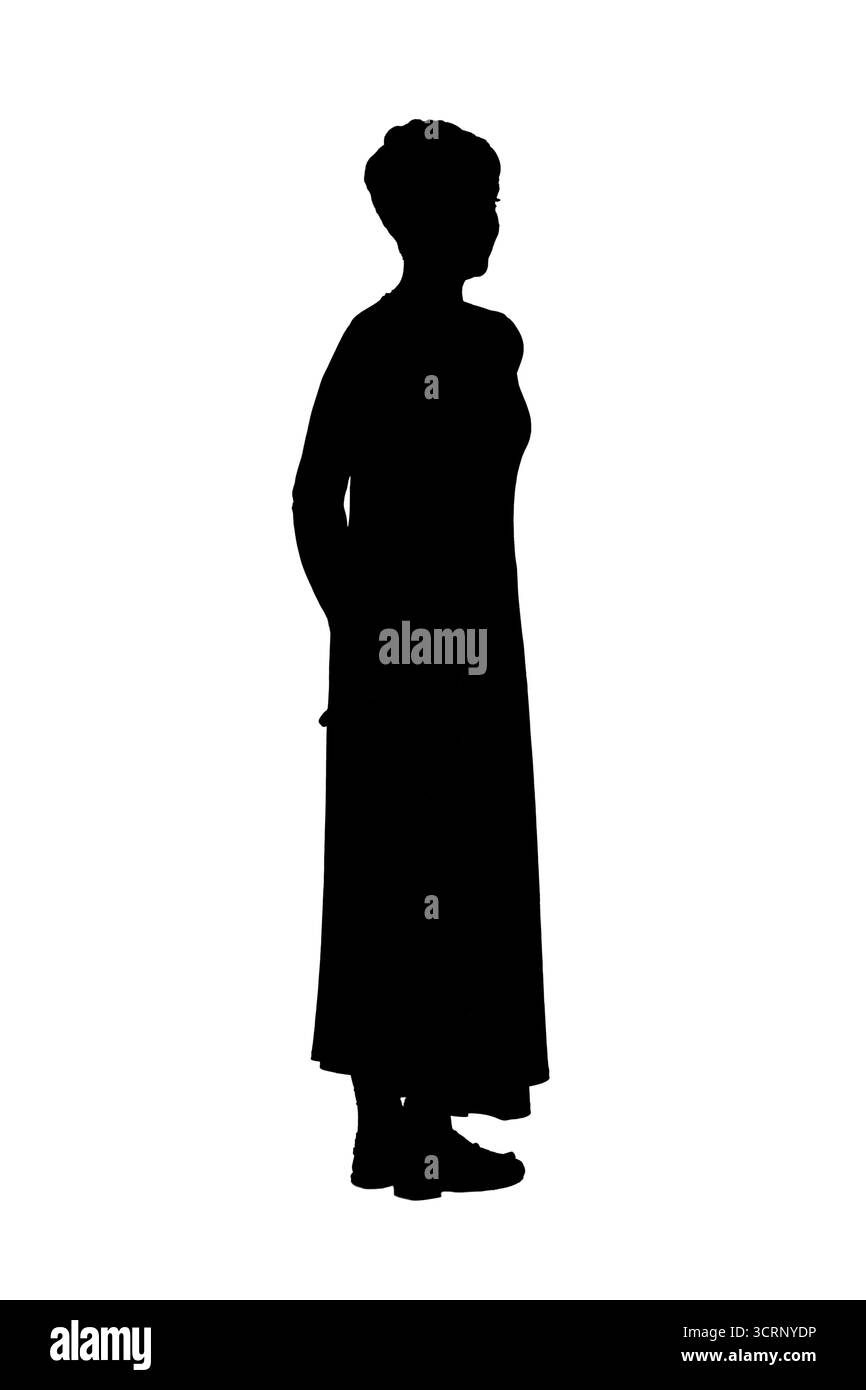 Silhouette der vollen Rücken- und Seitenansicht einer Frau mittleren Alters, die ein Kleid auf weißem Hintergrund trägt Stockfoto