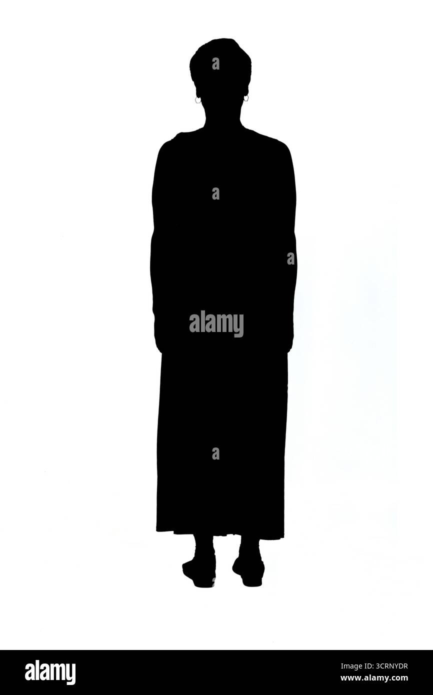 Rückansicht einer Silhouette einer Frau mittleren Alters, die ein Kleid auf weißem Hintergrund trägt Stockfoto