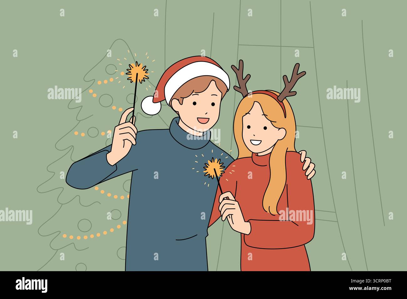 Ein fröhliches, festliches Paar, das die Weihnachtsfeiertage feiert und dabei Glitzer hält Stock Vektor