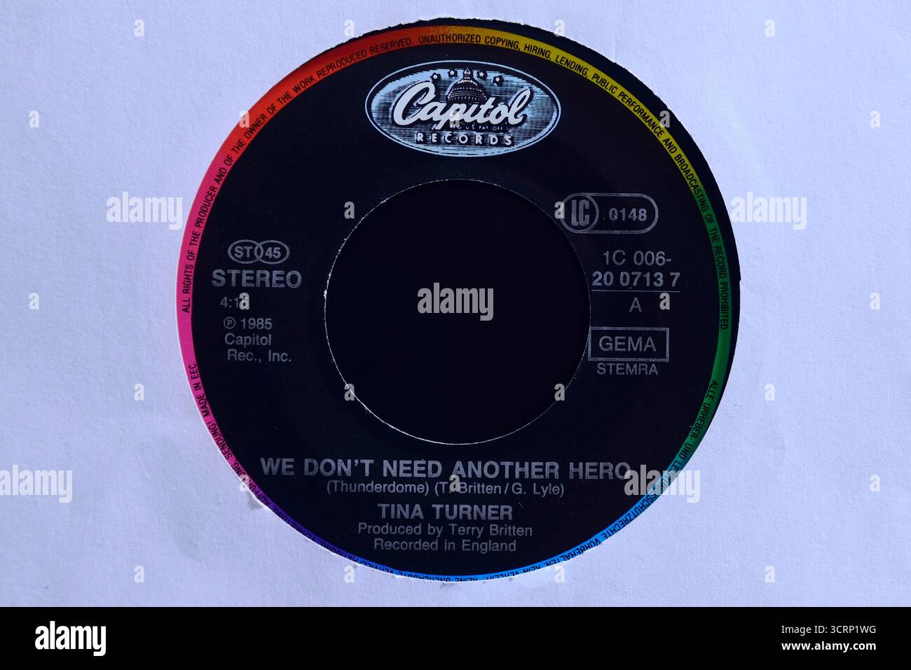 Vinyl Singles 7″, Tina Turner, We Don't Need Another Hero, Thunderdome, Capitol Records, 1985 Stockfoto