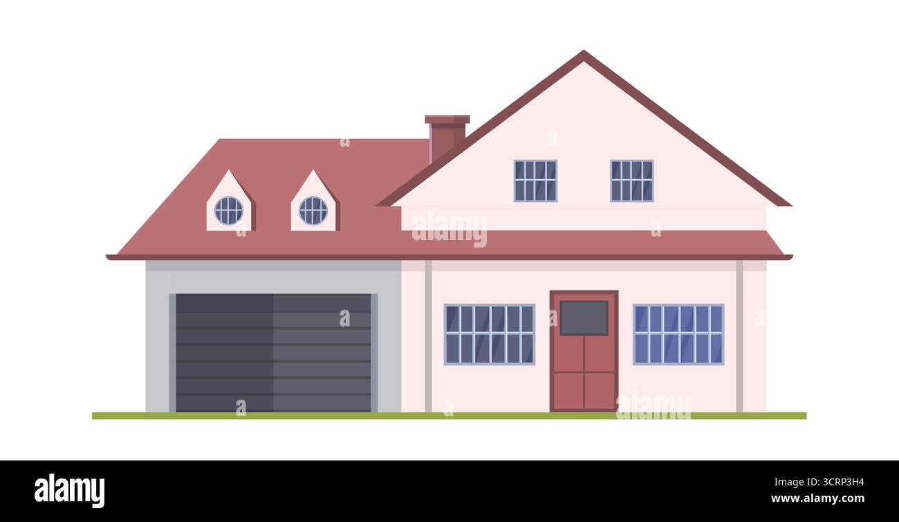 Abbildung eines zweistöckigen Vorstadthauses mit rotem Dach, Kamin, Garage und roter Haustür. Vorstadtarchitektur und Wohndesign-Konzept. Vektor Stockfoto