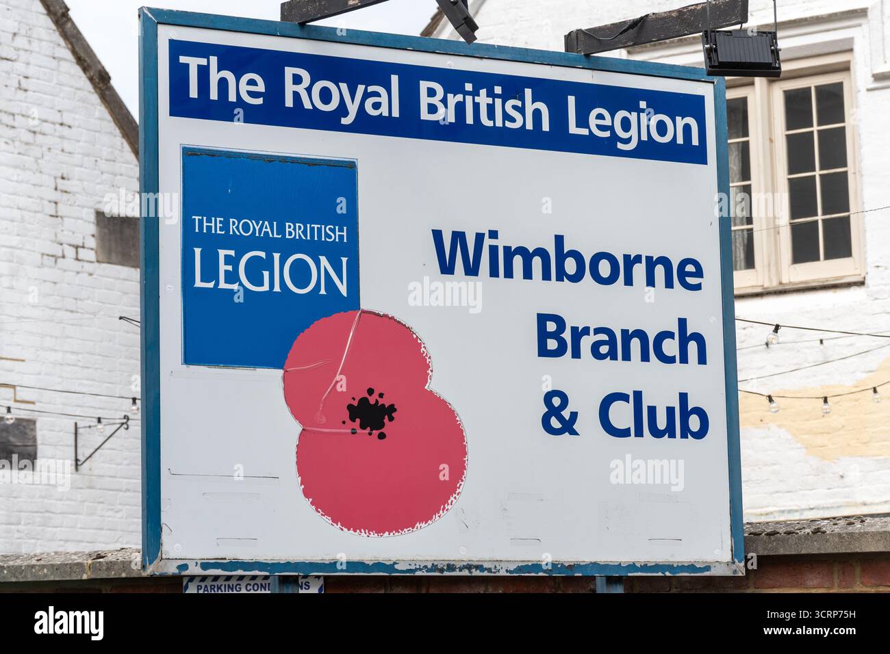Schild vor der Royal British Legion Hall oder dem Club in Wimborne Minster, Dorset, England, Großbritannien. Wohltätigkeitsorganisation für ehemalige Soldaten Stockfoto