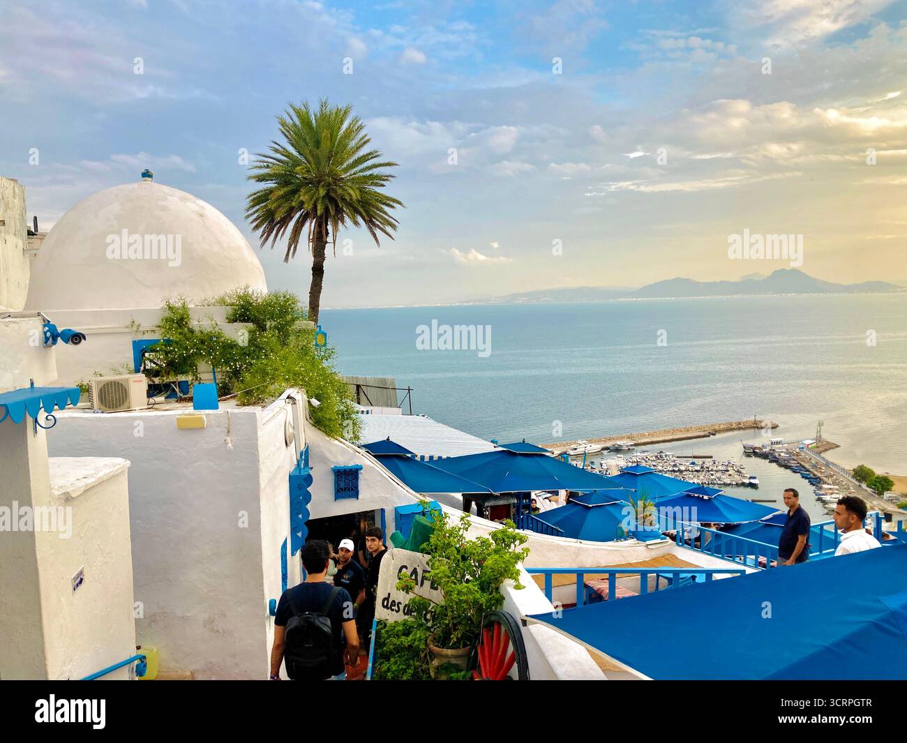 Malerischer Blick auf die Küste vom Café des Délices in Sidi Bou Said, Tunis, blaue Sonnenschirme und den Horizont des Meeres. Erfasst Am 23. September 2025 Stockfoto
