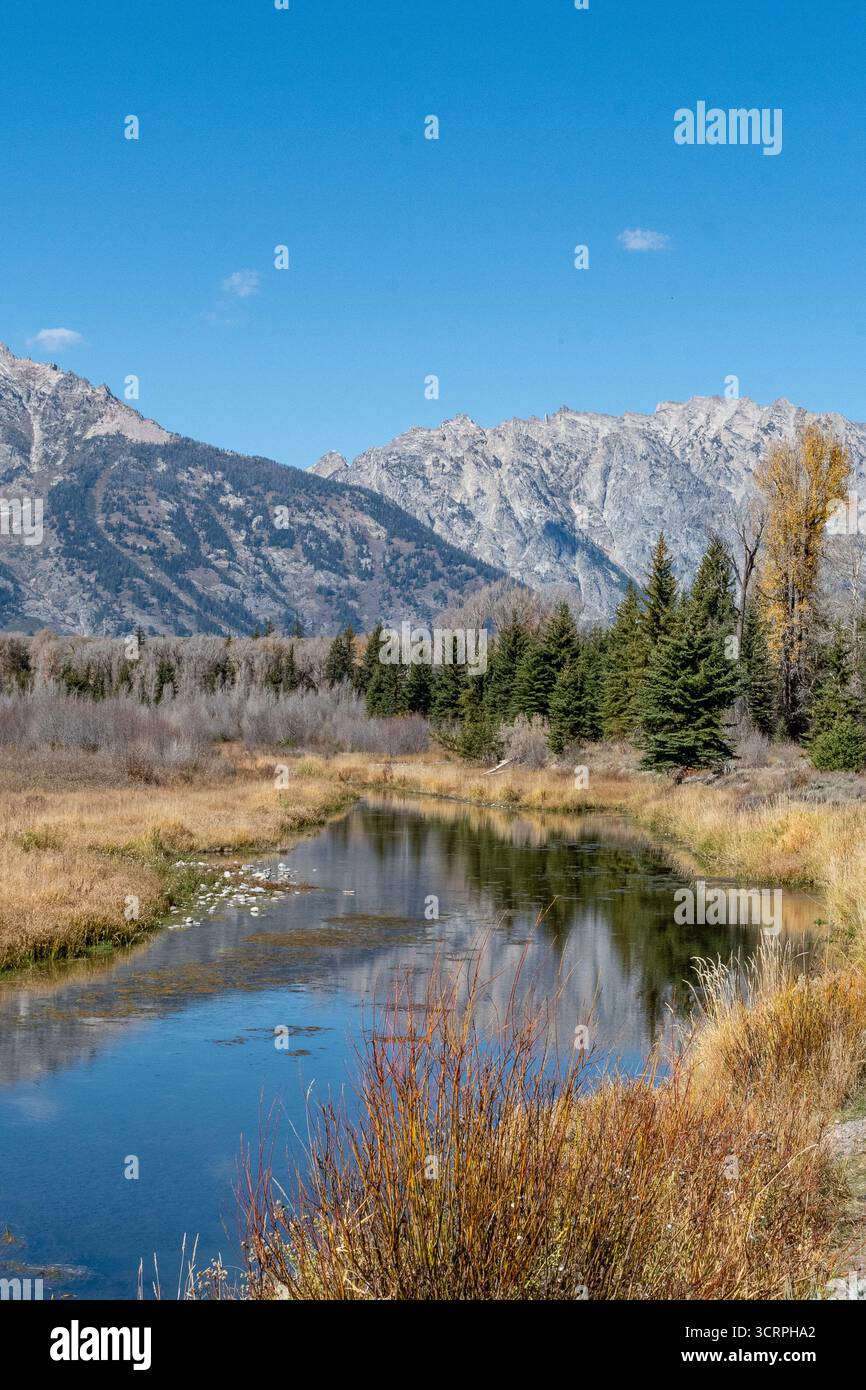 Schneebedeckte Gipfel der Grand Teton Mountain Range stehen vor einem klaren blauen Himmel mit ihren Reflexen im Snake River Stockfoto