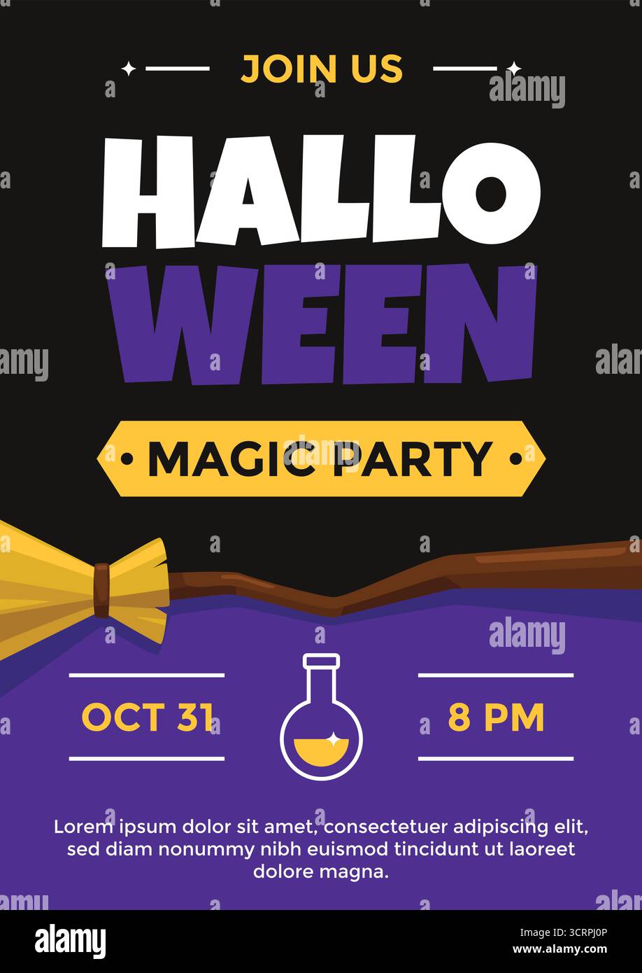 Halloween-Party-Poster mit Besen- und Trank-Grafiken auf schwarzem und lila Hintergrund, ideal für Partyeinladungen und saisonale Aktionen. Stock Vektor