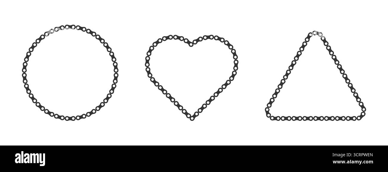 Kreis, Herz und Dreieck aus Fahrradkettenteilen. Designelemente für Logos. Sie lieben Radfahren, Radfahren, mechanische Konzepte und Fitness. Stock Vektor