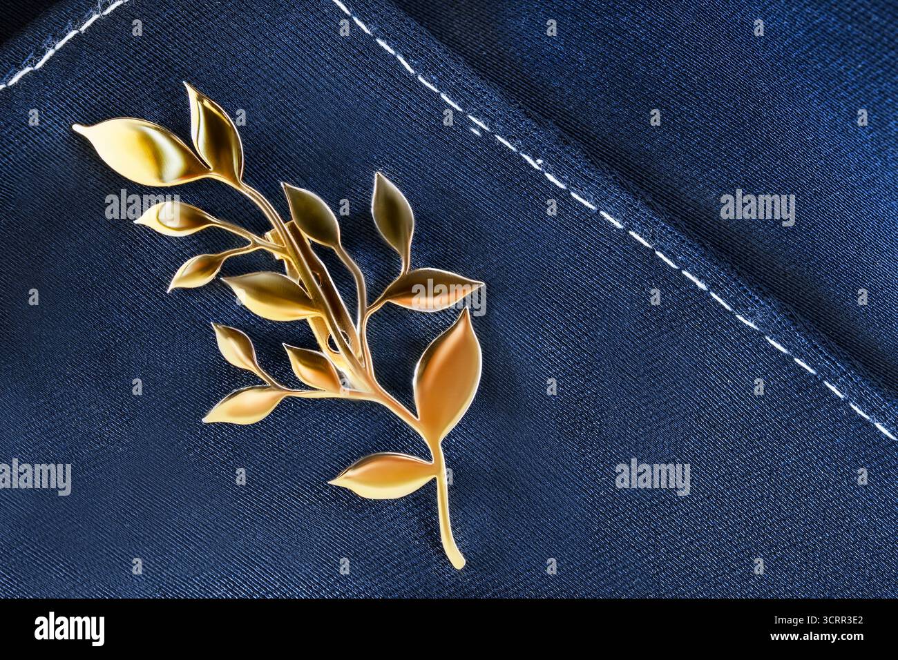 Goldene, zweigförmige Brosche auf dunkelblauem Stoffkleid Stockfoto