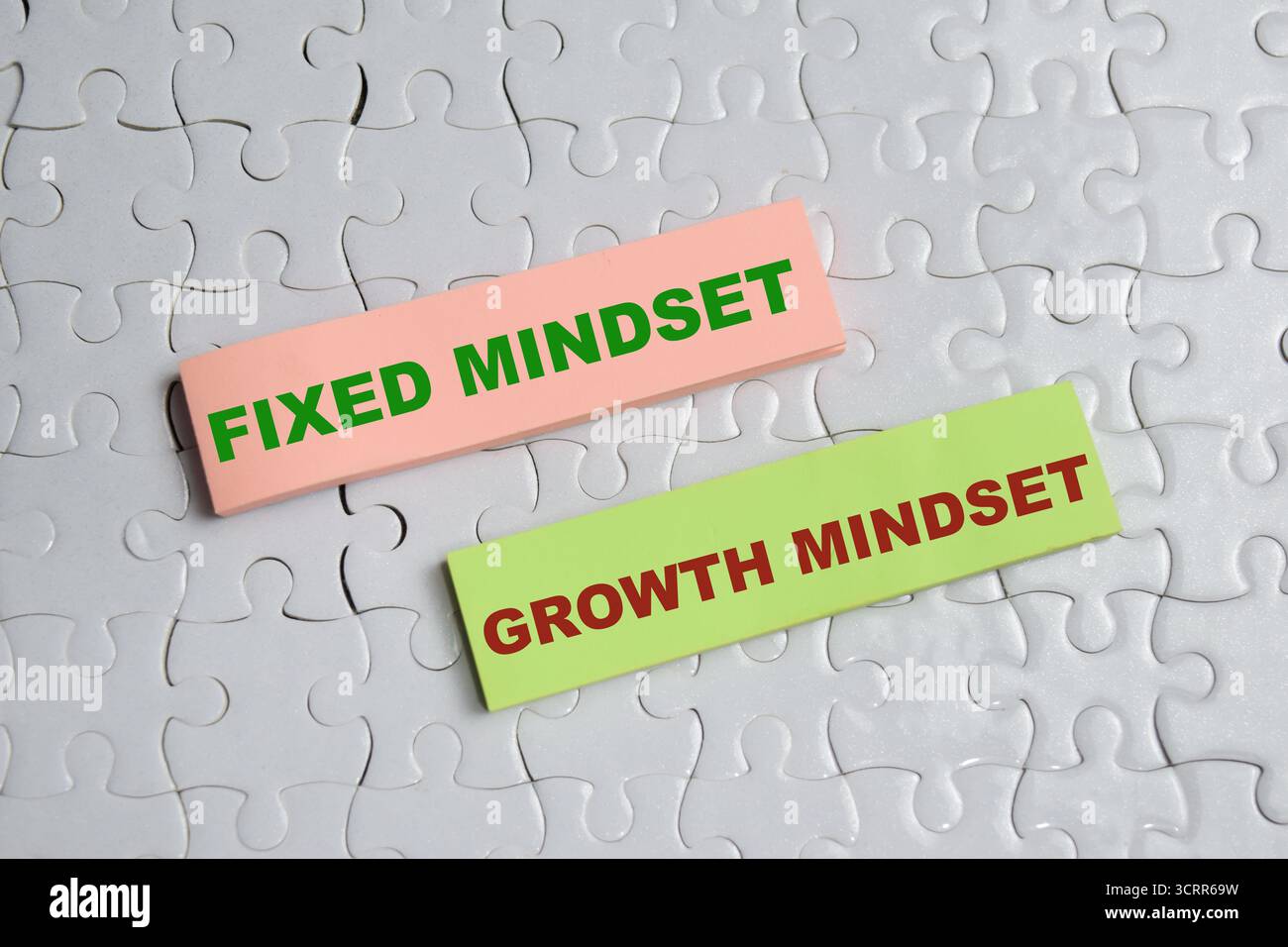 Konzept von festem Mindset oder Growth Mindset Schreiben Sie auf Haftnotizen, die auf Holztisch isoliert sind. Stockfoto