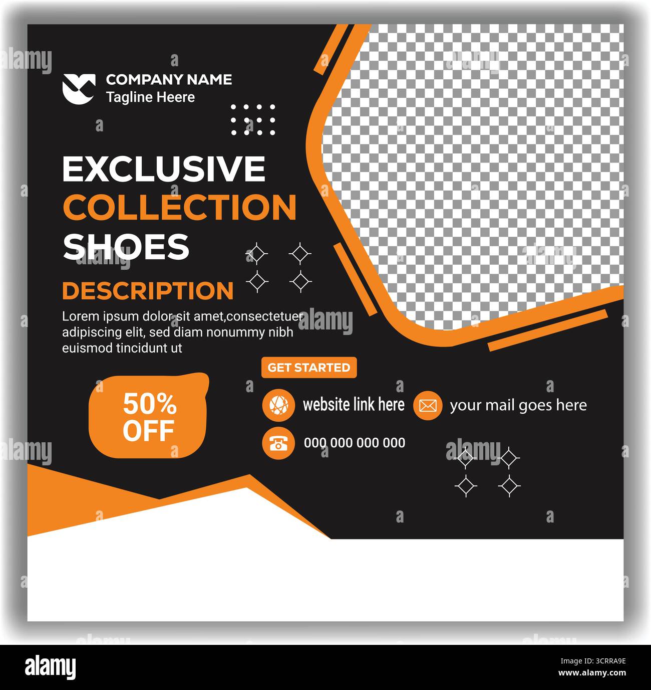 Editierbare Schuh-Werbevorlage professionelles Orange und Schwarz Moderne Schuhe Verkauf Social Media Banner Design Stock Vektor