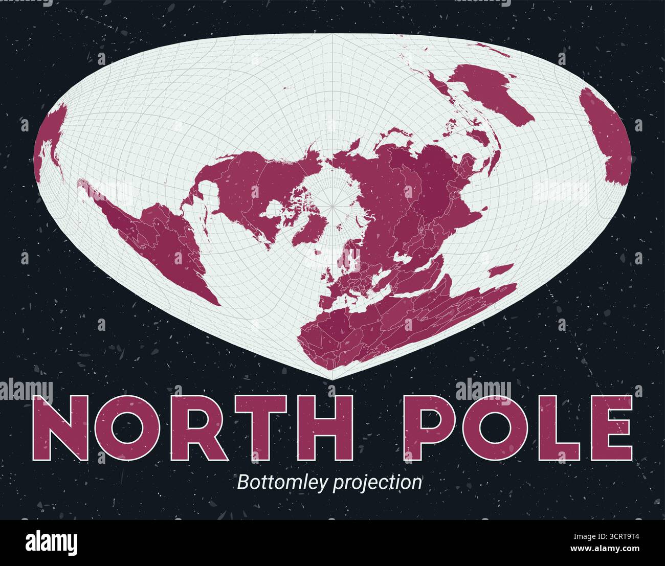 Nordpol-Weltkarte mit einer Bottomley-Projektion auf dem Nordpol. Stock Vektor