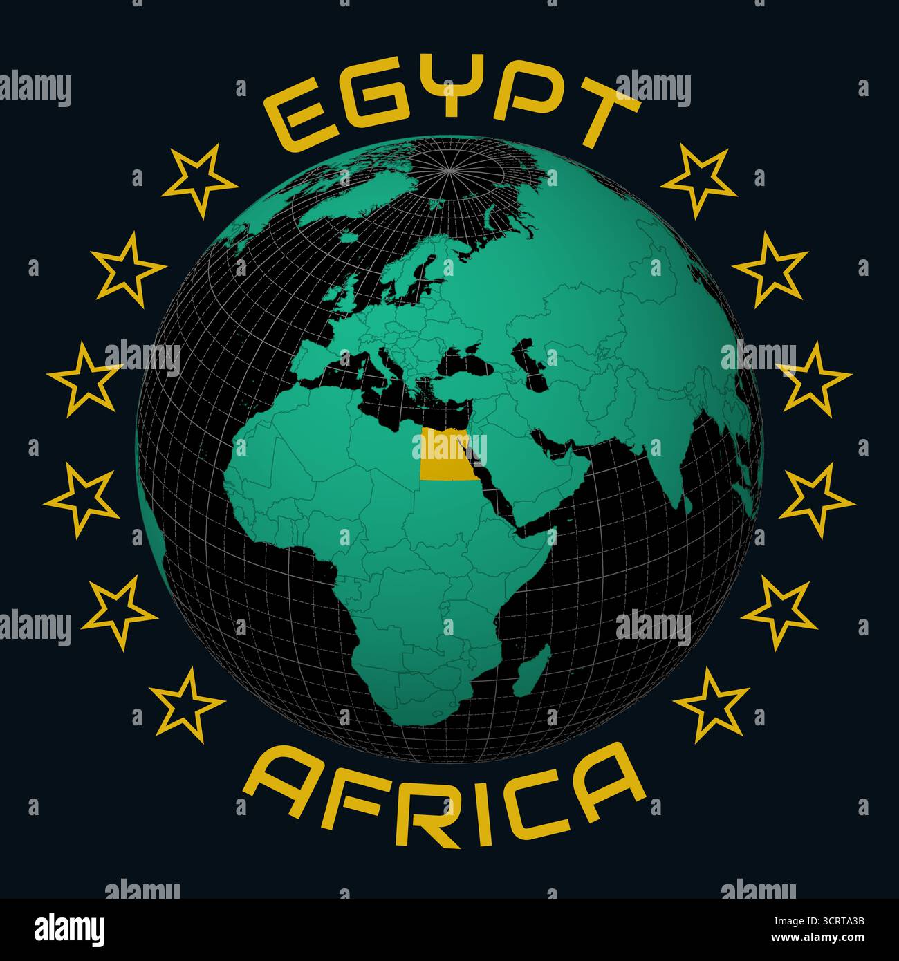 Arabische Republik Ägypten auf Globe. Runder Text für Land und Kontinent. Länderansicht auf Weltkarte in der Farbpalette Black Emerald. Ägyptische Form auf der Karte. Stock Vektor