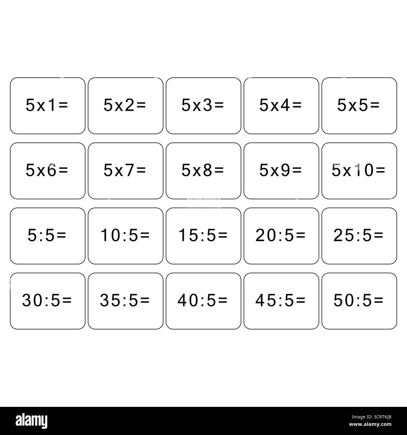 Multiplikation und Division Tabelle von 5. Mathe-Karte mit einem Beispiel, Zeichnen. Multiplikation Quadrat, Vektordarstellung. Gedruckte Produkte, Banner Stock Vektor