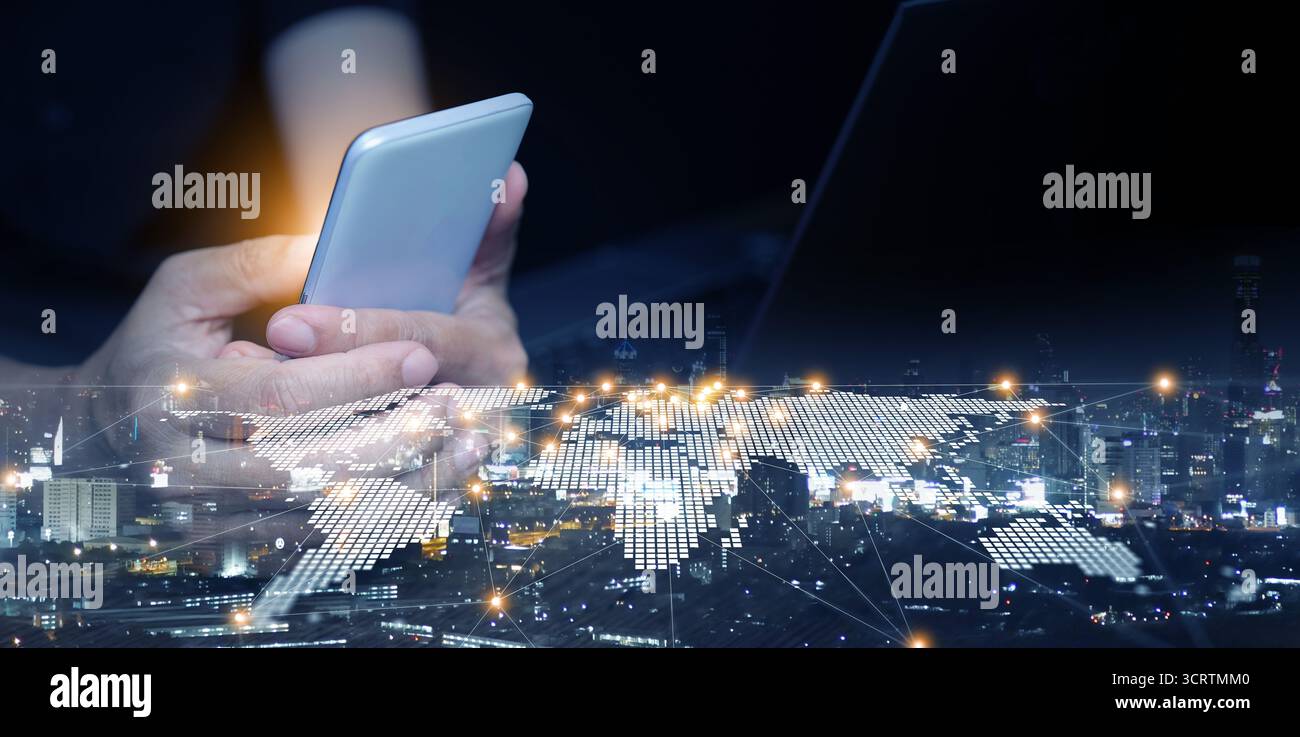 Moderne Smartphone-Technologie mit globalem digitalem Kartennetzwerk auf Stadthintergrund. Internetverbindung, Geschäftskommunikation, globale Innovation Stockfoto