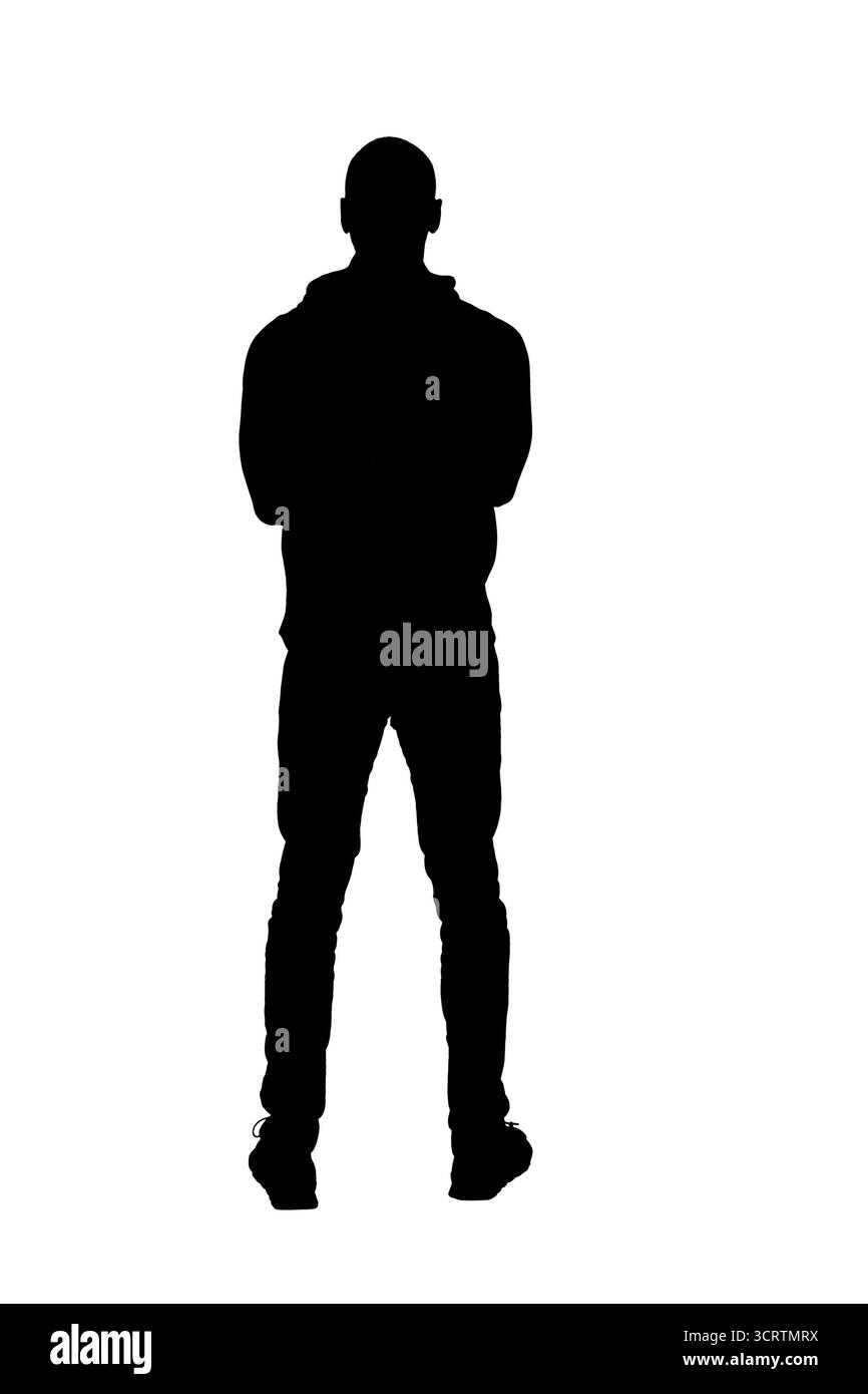 Silhouette der Rückansicht eines Mannes, der steht und Arme auf weißem Hintergrund überkreuzt Stockfoto